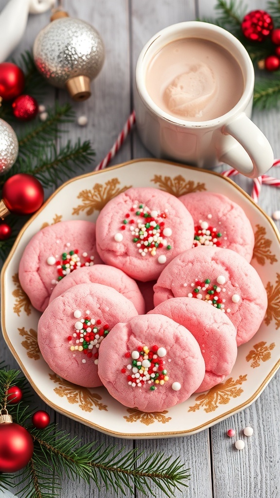 Pink Christmas mug cookies with sprinkles on a plate next to a mug of hot cocoa, decorated for the holidays.
